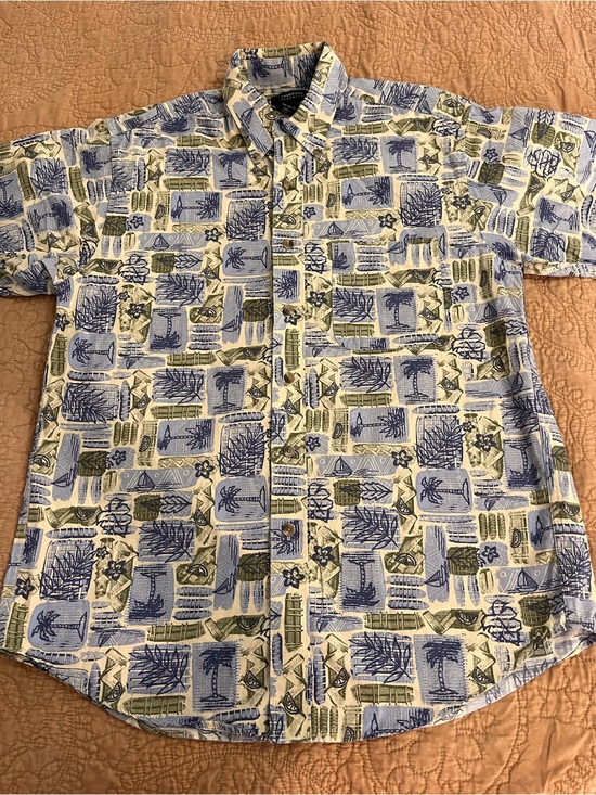 Cambridge Classics Other - Men's 100% Cotton Short-Sleeve Button-Down Shirt Blue Green Hawaiian Beach‎